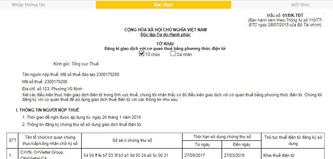 Đăng ký chứng thư số với cơ quan thuế